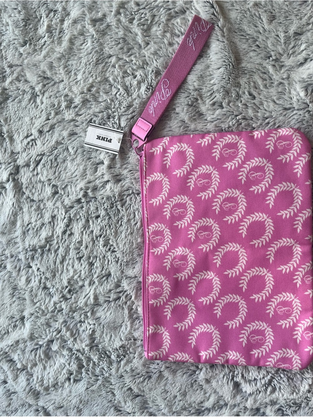 PINK Victoria's Secret Pink Logo Wristlet with White Laurel Pattern